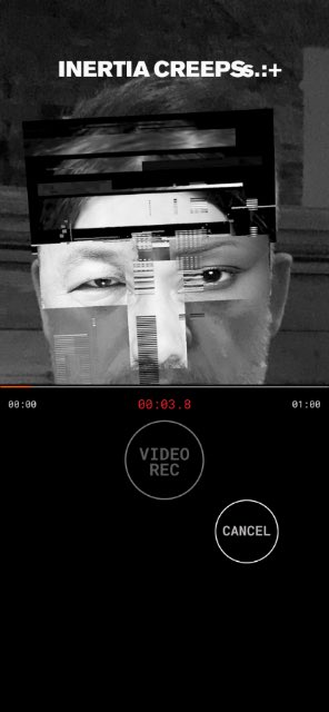 Fantom app — a glitched black-and-white portrait under the title Inertia Creeps.