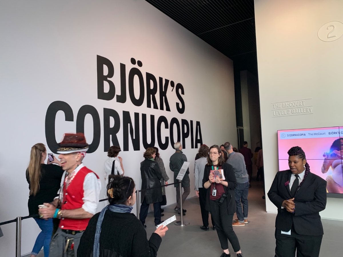 Visitors beneath the large Björk’s Cornucopia title wall.