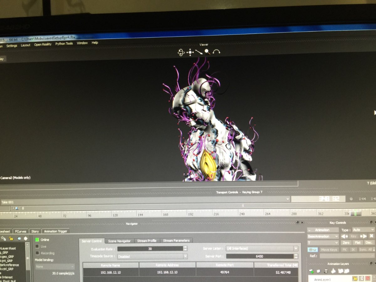 A motion-capture rig running Björk’s live 3D avatar in MotionBuilder.