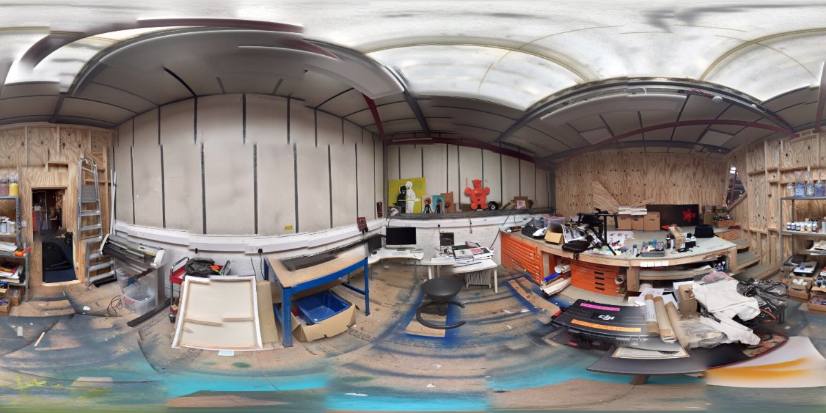 A 360-degree panorama of the cluttered studio.