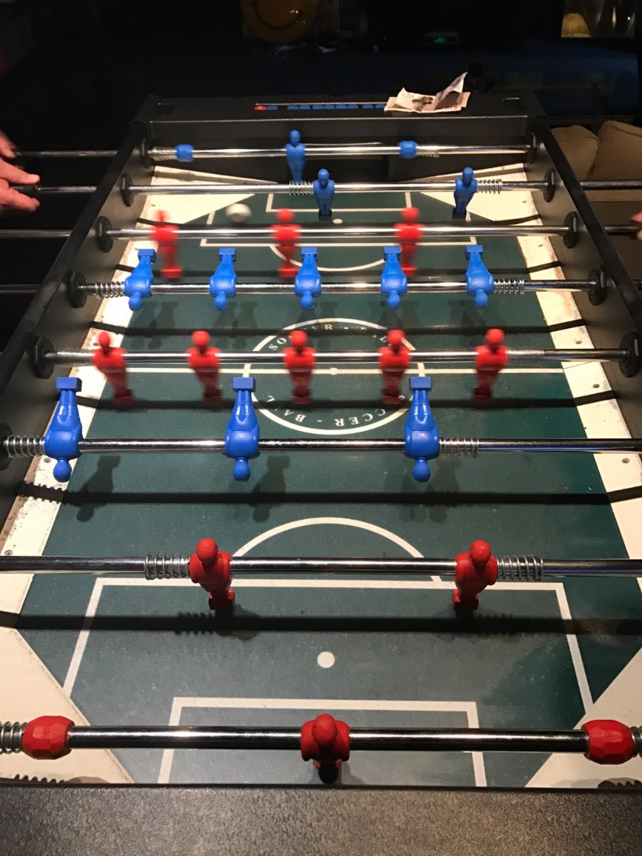 A foosball table in the studio.