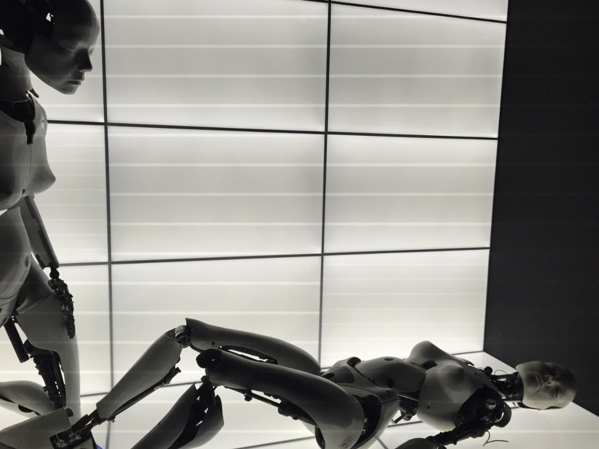 A Chris Cunningham robot in black and white.
