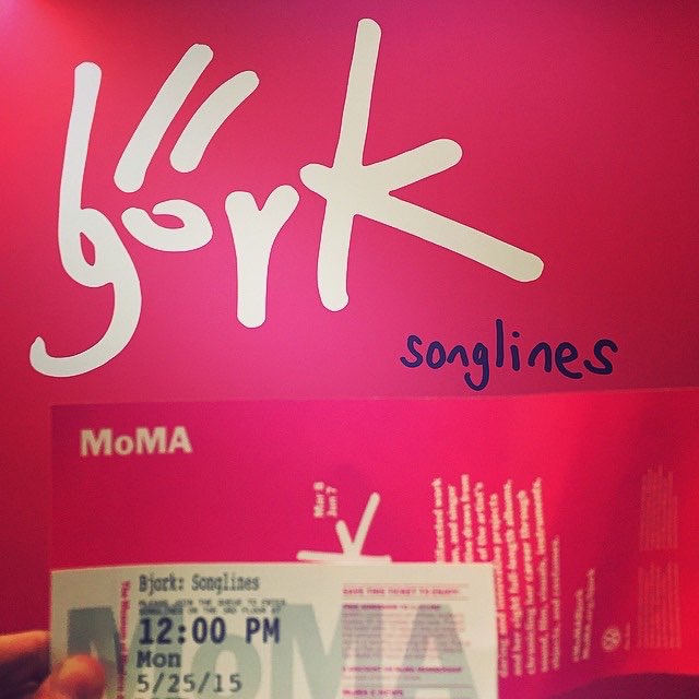 Björk Songlines signage above a printed MoMA timed-entry ticket.