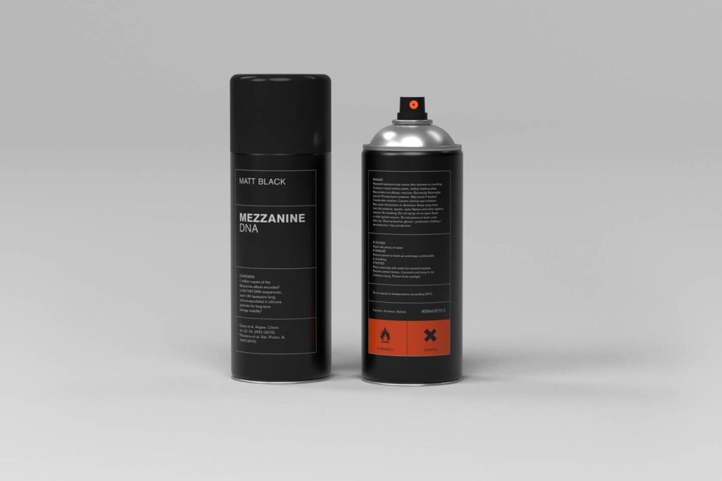A matte-black spray can holding Massive Attack's Mezzanine album encoded into synthetic DNA.